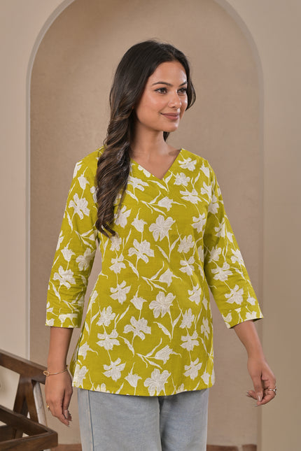 Lime Green Floral Printed Kurta Top for Women