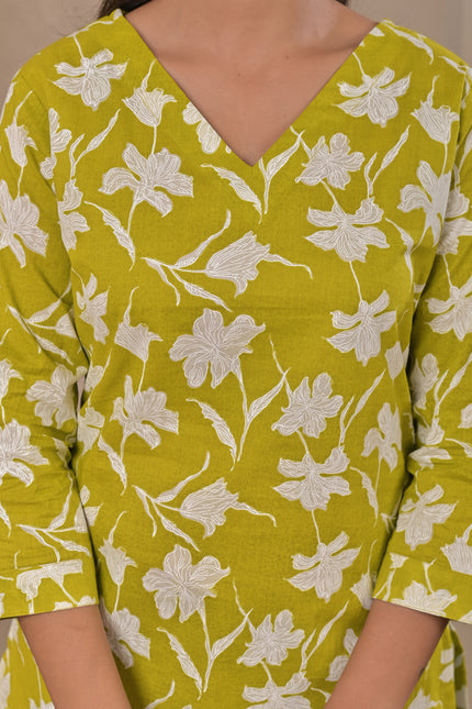 Lime Green Floral Printed Kurta Top for Women