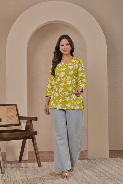 Lime Green Floral Printed Kurta Top for Women