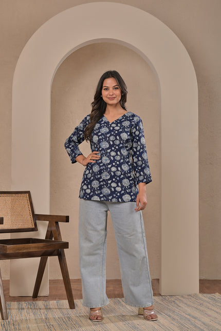 Navy Blue Ethnic Tunic Top – Casual Kurta Top