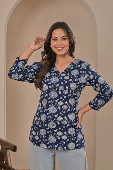 Navy Blue Ethnic Tunic Top – Casual Kurta Top
