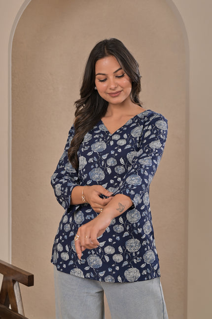 Navy Blue Ethnic Tunic Top – Casual Kurta Top