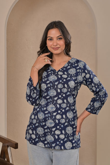 Navy Blue Ethnic Tunic Top – Casual Kurta Top