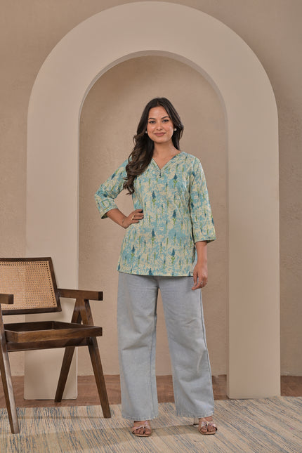 Aqua Blue Printed Kurta Top for Women