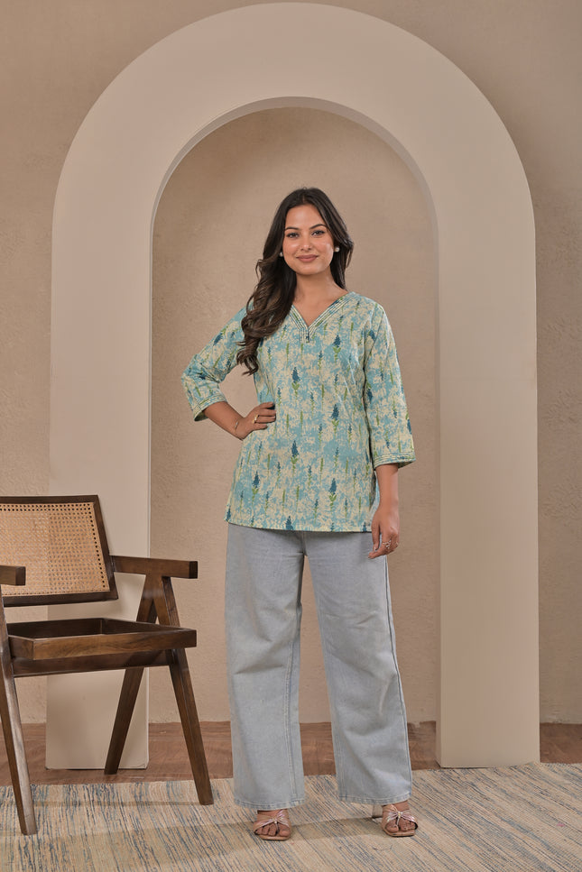 Aqua Blue Printed Kurta Top for Women