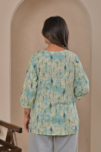 Aqua Blue Printed Kurta Top for Women
