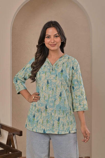 Aqua Blue Printed Kurta Top for Women