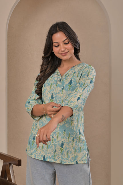 Aqua Blue Printed Kurta Top for Women