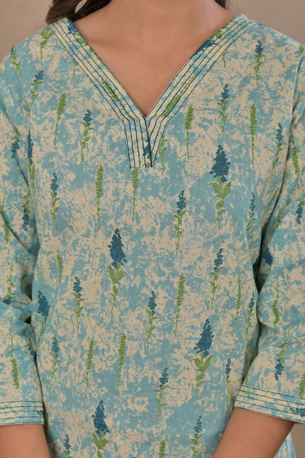 Aqua Blue Printed Kurta Top for Women