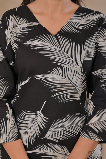 Black Palm Leaf Printed Kurta Top for Women