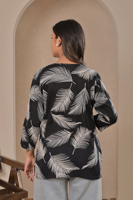 Black Palm Leaf Printed Kurta Top for Women