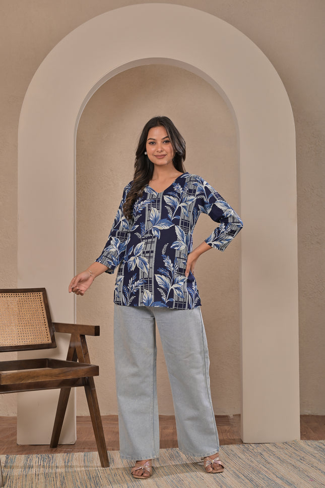 Navy Blue Leaf Printed Kurta Top for Women