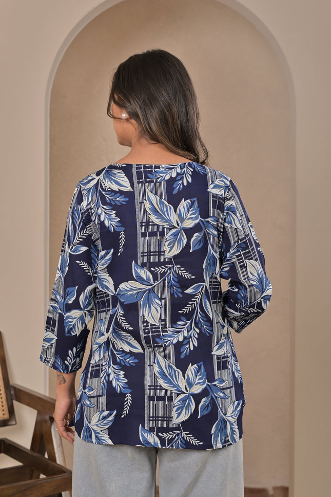 Navy Blue Leaf Printed Kurta Top for Women