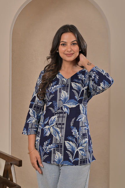 Navy Blue Leaf Printed Kurta Top for Women