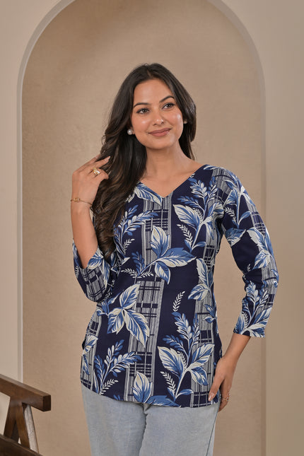 Navy Blue Leaf Printed Kurta Top for Women