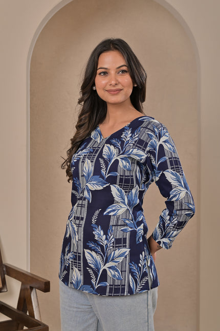 Navy Blue Leaf Printed Kurta Top for Women