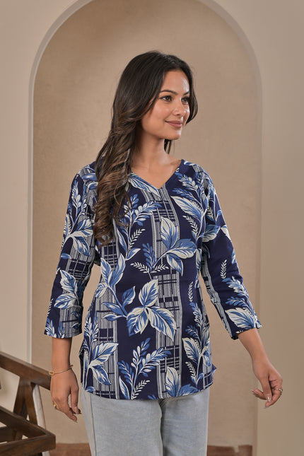 Navy Blue Leaf Printed Kurta Top for Women