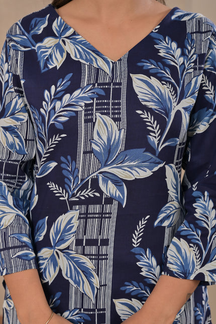 Navy Blue Leaf Printed Kurta Top for Women