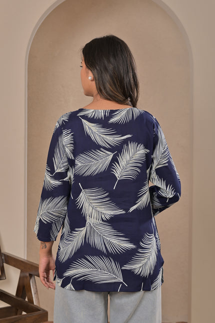 Blue Palm Leaf Kurta Top for Women