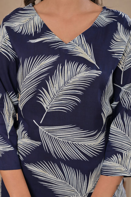 Blue Palm Leaf Kurta Top for Women