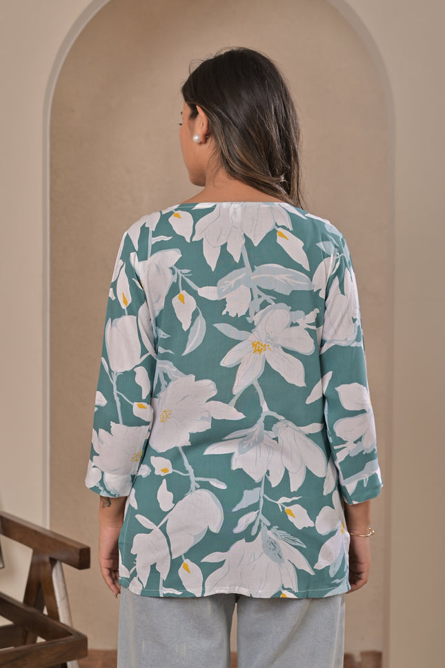 Sea Green Printed Kurti Top for Women