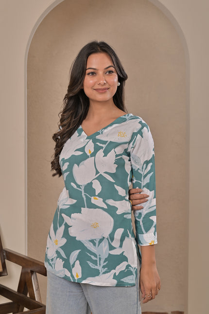 Sea Green Printed Kurti Top for Women