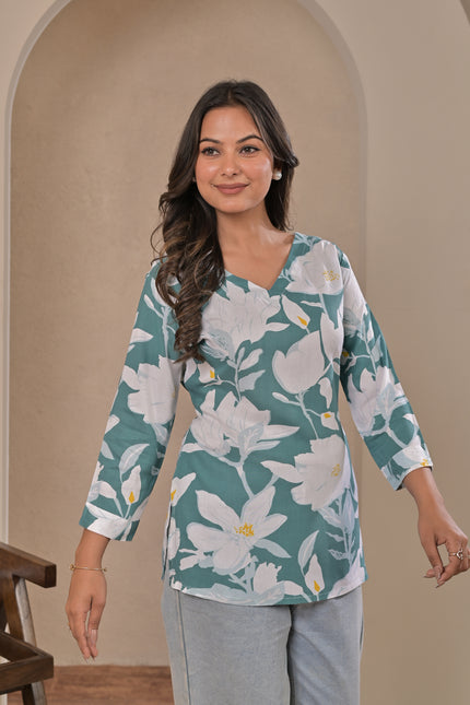 Sea Green Printed Kurti Top for Women