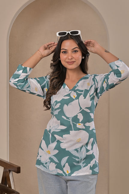 Sea Green Printed Kurti Top for Women