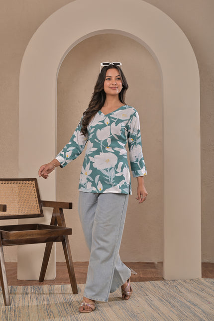 Sea Green Printed Kurti Top for Women