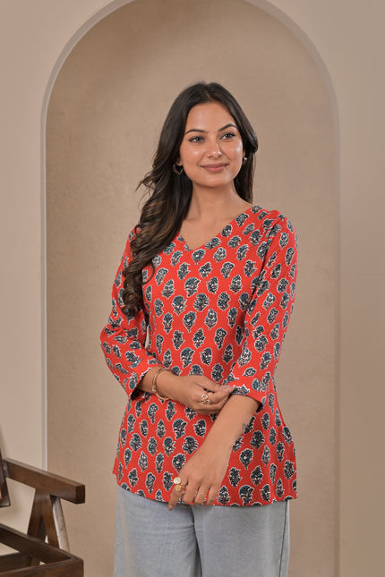 Red Floral Kurti Top for Women