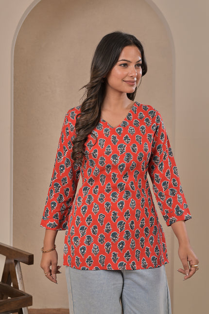 Red Floral Kurti Top for Women