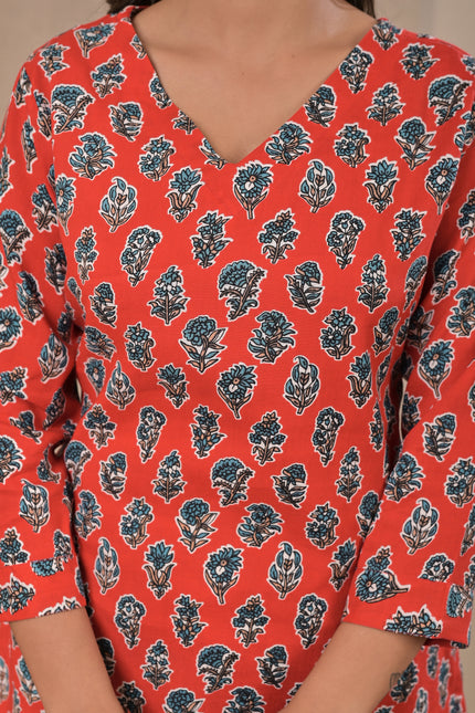Red Floral Kurti Top for Women