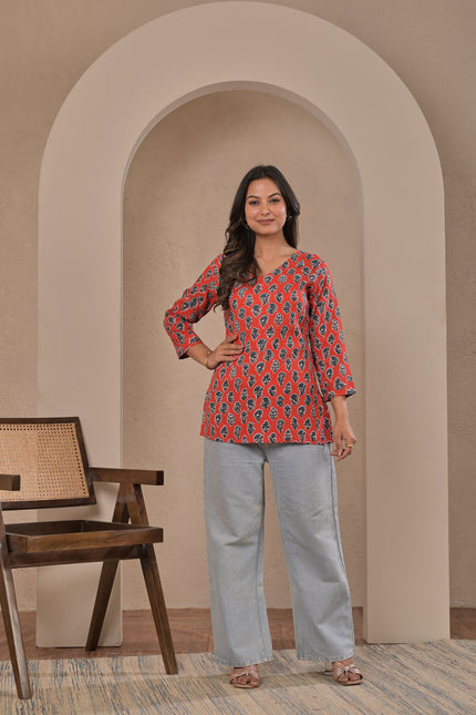Red Floral Kurti Top for Women