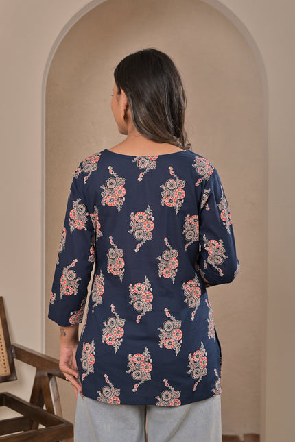 Navy Blue Ethnic Printed Kurti Top for Women