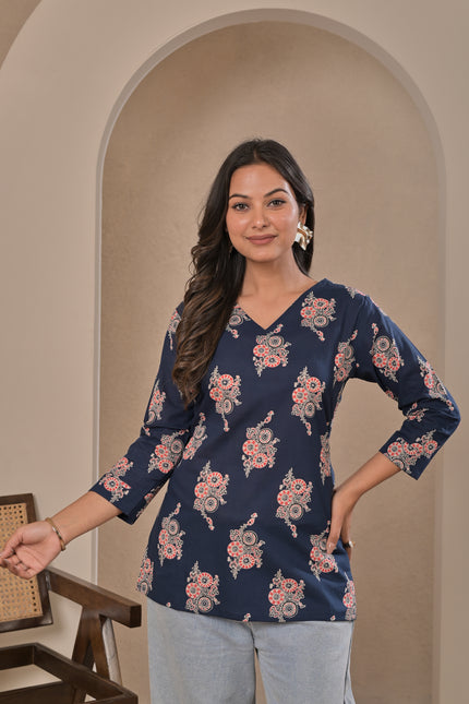 Navy Blue Ethnic Printed Kurti Top for Women