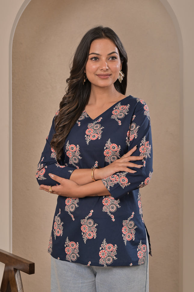 Navy Blue Ethnic Printed Kurti Top for Women