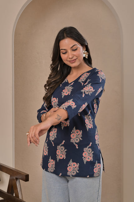 Navy Blue Ethnic Printed Kurti Top for Women