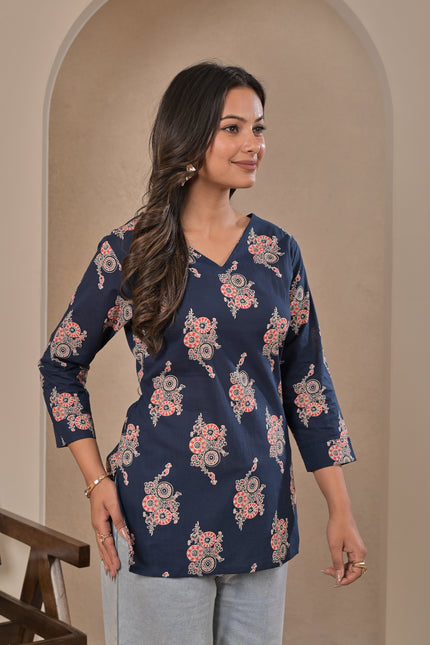 Navy Blue Ethnic Printed Kurti Top for Women