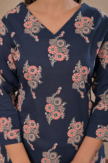 Navy Blue Ethnic Printed Kurti Top for Women