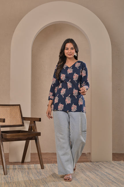 Navy Blue Ethnic Printed Kurti Top for Women