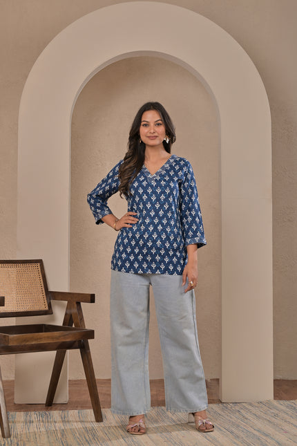 Blue Printed Kurta Tunic Top for Women