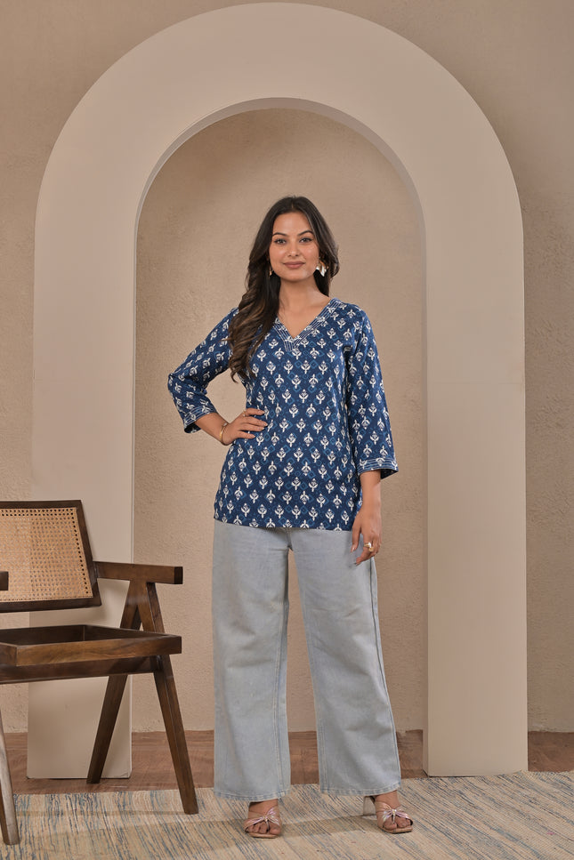 Blue Printed Kurta Tunic Top for Women