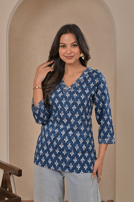 Blue Printed Kurta Tunic Top for Women