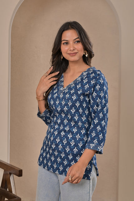 Blue Printed Kurta Tunic Top for Women
