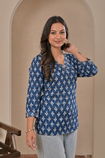 Blue Printed Kurta Tunic Top for Women