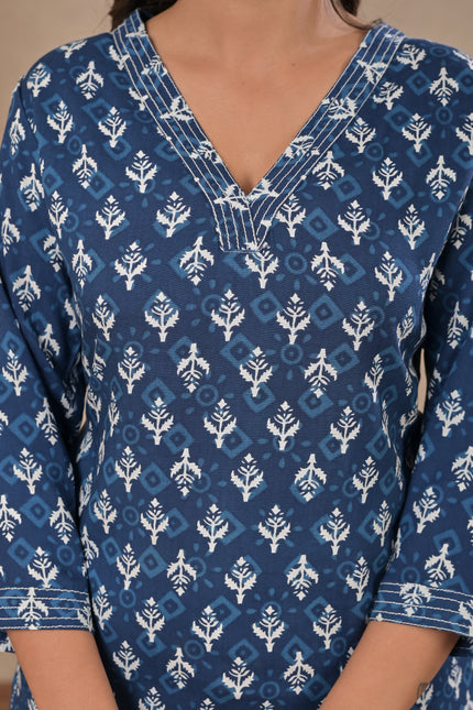 Blue Printed Kurta Tunic Top for Women
