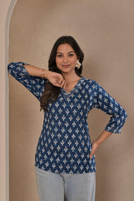 Blue Printed Kurta Tunic Top for Women