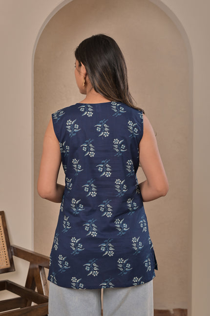 Navy Blue Printed Sleeveless Kurti Top for Women