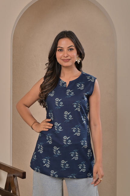 Navy Blue Printed Sleeveless Kurti Top for Women