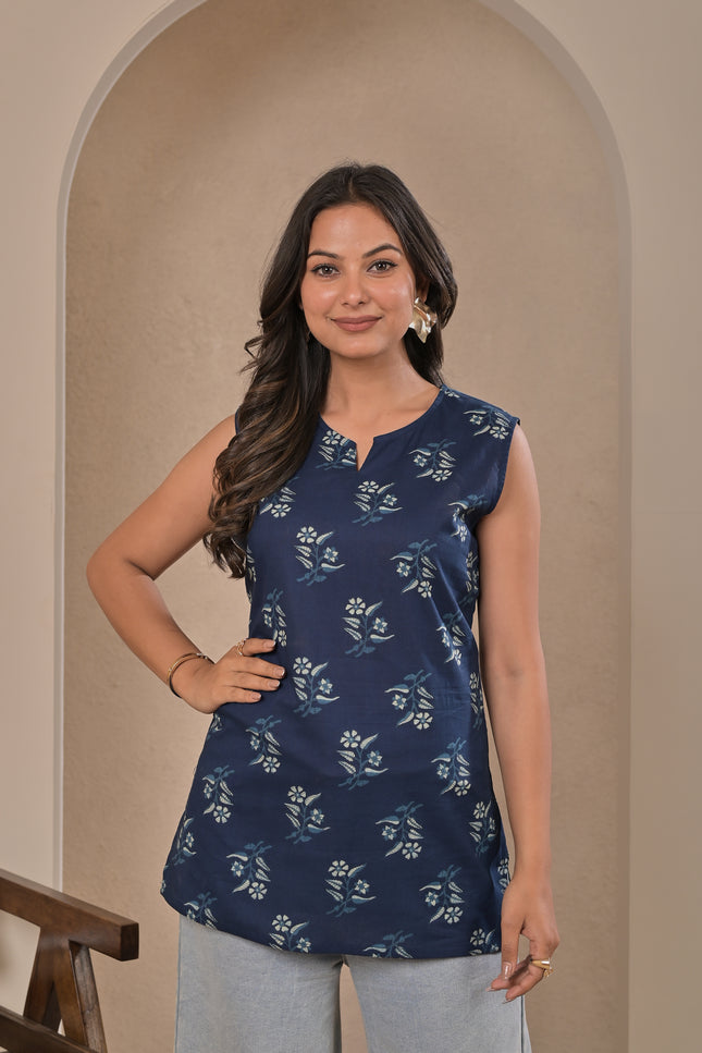 Navy Blue Printed Sleeveless Kurti Top for Women